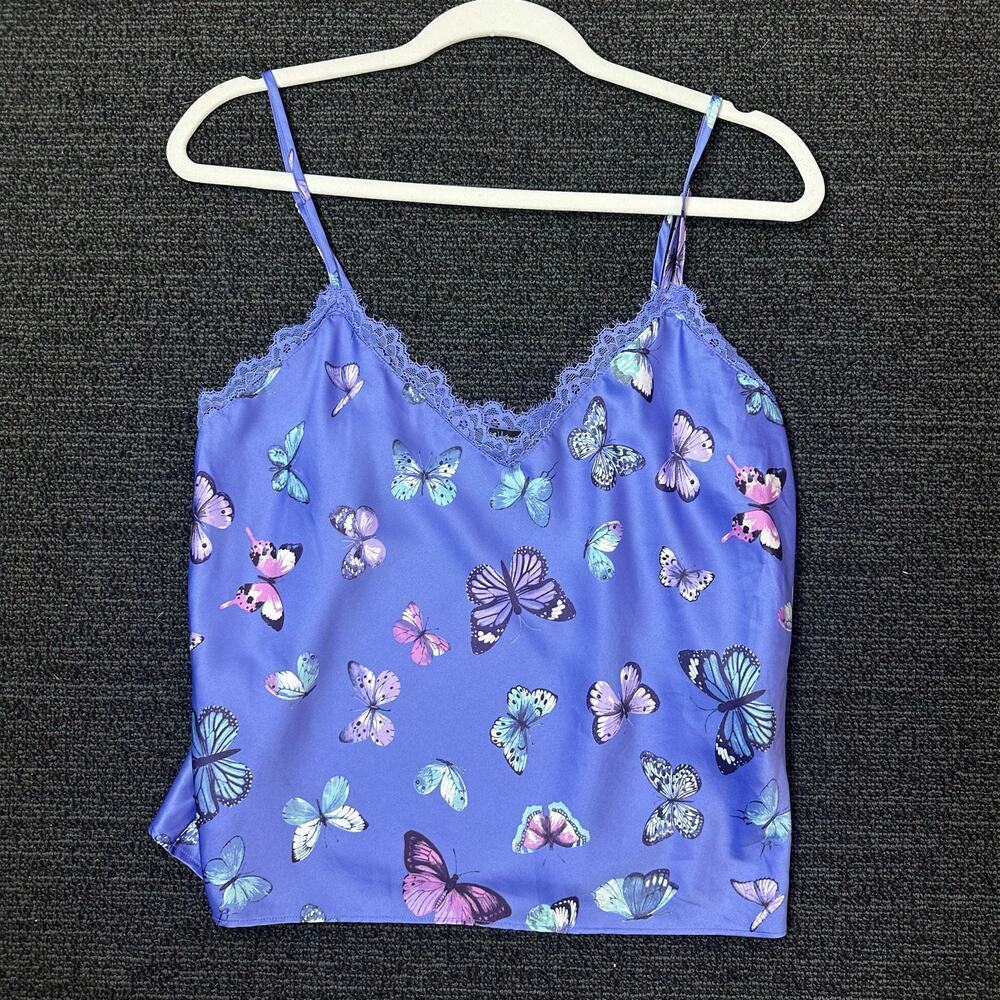 INC International Concepts Purple Satin Cami Tank Lace Butterfly Print Medium